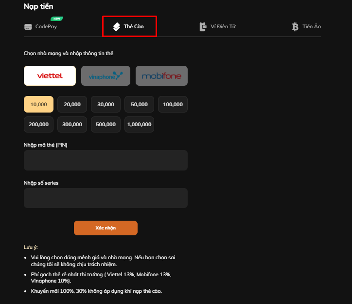 Hình thức nạp tiền thẻ cào